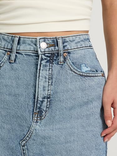Women’s Maxi Denim Skirt – High Waisted Stretch Jean Skirt with Front Slit – Medium Wash