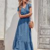 Womens Dresses 2025 Summer Maxi Dress Boho Short Sleeve V Neck Swiss Dot Ruffle Tiered Smocked Flowy Long Dress