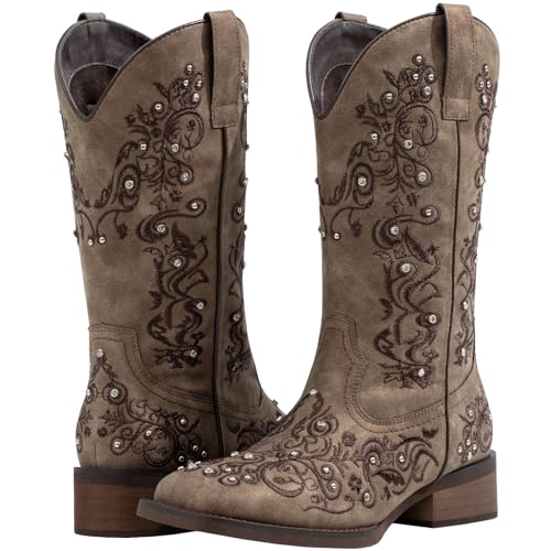 Women's Cowboy Boots Square Toe Rhinestone Mid Calf Floral Western Boot Fashion Cowgirl Shoes