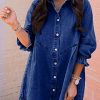 Womens Smocked 3 4 Sleeve Button Down Denim Jeans Dresses