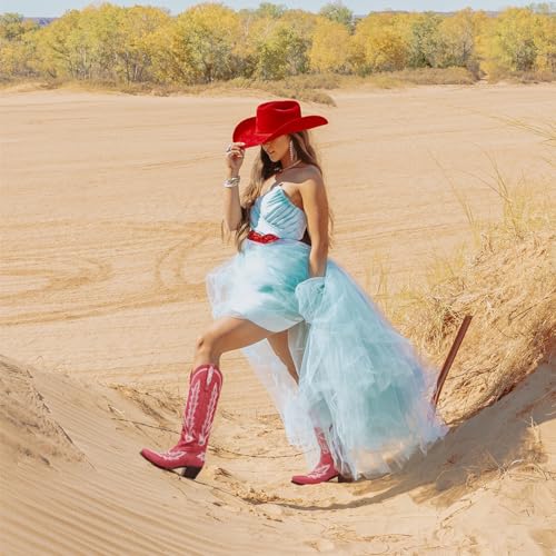 Cowboy Boots for Women Knee High Cowgirl Boots with Classic Embroidered Slip On Pointed Toe Chunky Heel Pull On Fashion Retro