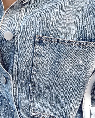 Womens Casual Denim Jacket for Women 2025 Contrast Sequin Long Sleeve Rhinestone Denim Jackets