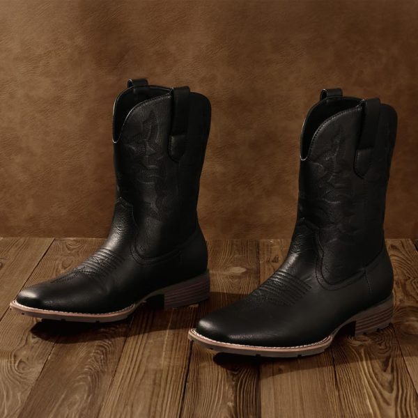 Cowboy Boots for Men - Men's Western Boots with Embroidery, Slip Resistant Square Toe Chunky Heel, Durable and Fashionable Retro